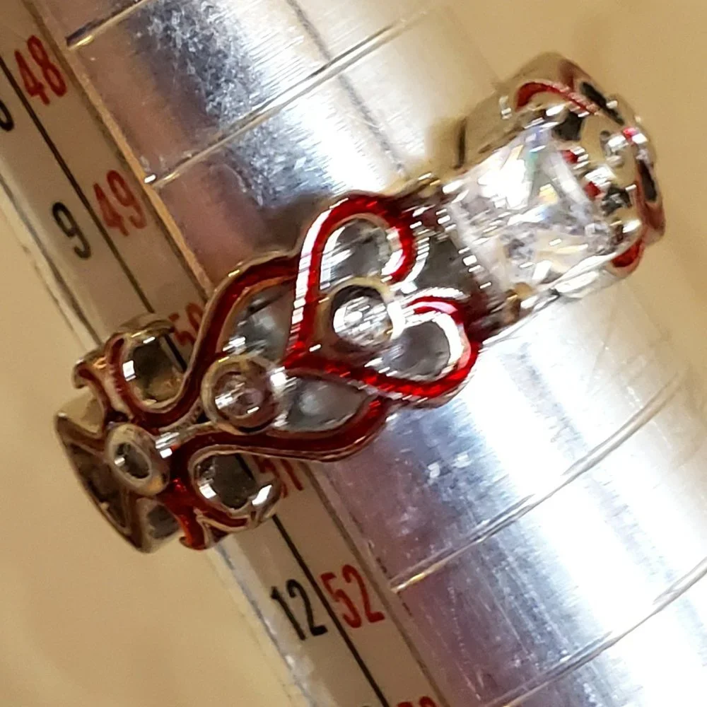 Princess Cut Solitaire Red Enamel Love Hearts Ring in Sterling Silver Sz 5.5